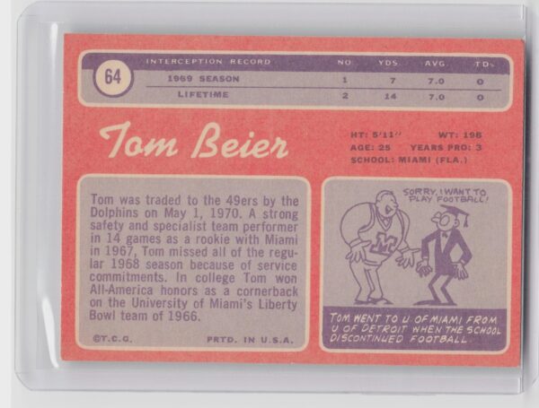 1970 Topps Tom Beier RC #64 49ers - Image 3