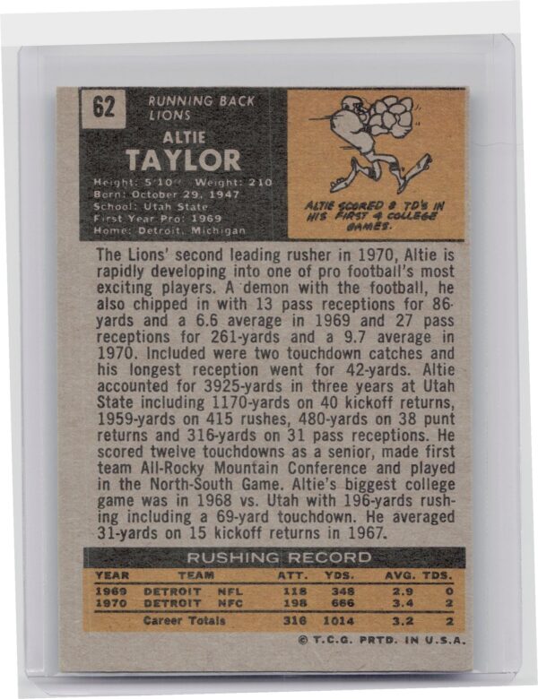 1971 Topps Altie Taylor RC #62 Lions - Image 3