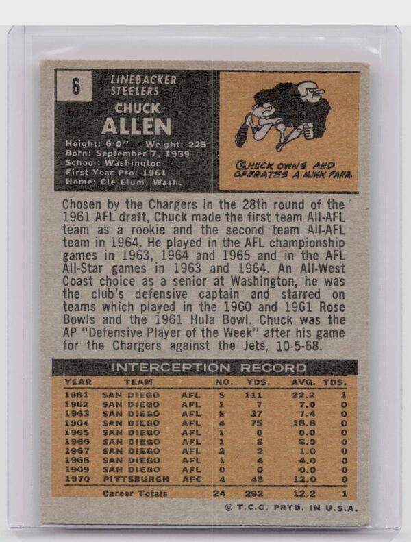 1971 Topps Chuck Allen #6 Steelers - Image 3