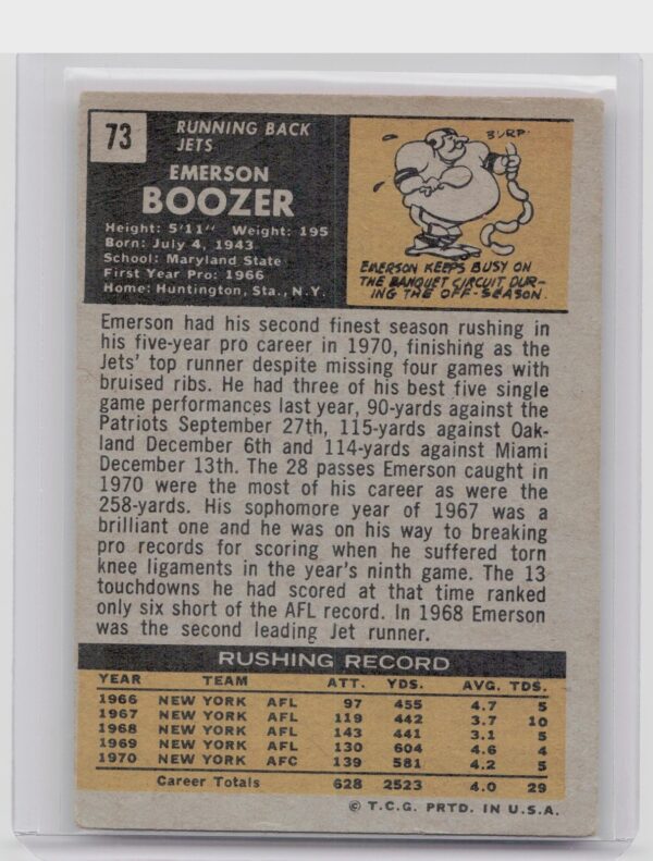1971 Topps Emerson Boozer #73 Jets - Image 3