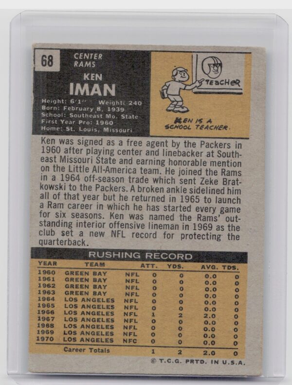 1971 Topps Ken Iman RC #68 Rams - Image 3