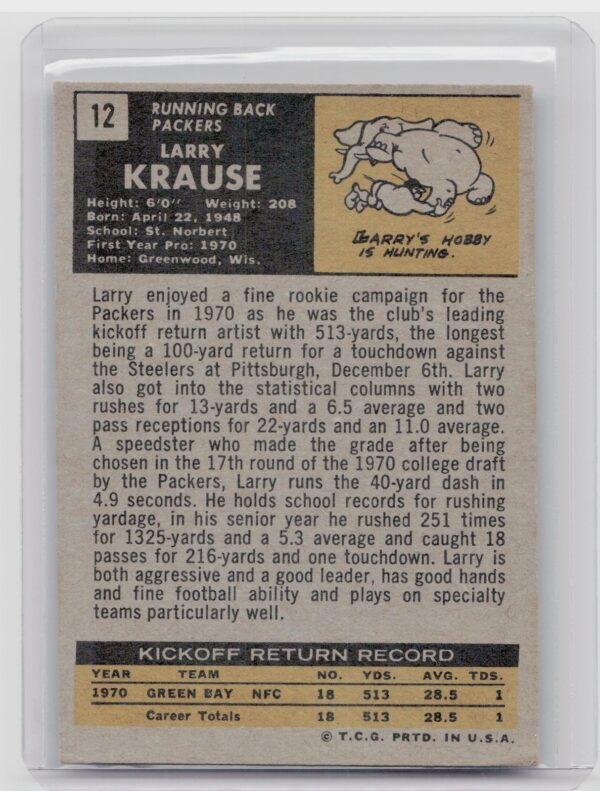 1971 Topps Larry Krause RC #12 Packers - Image 3