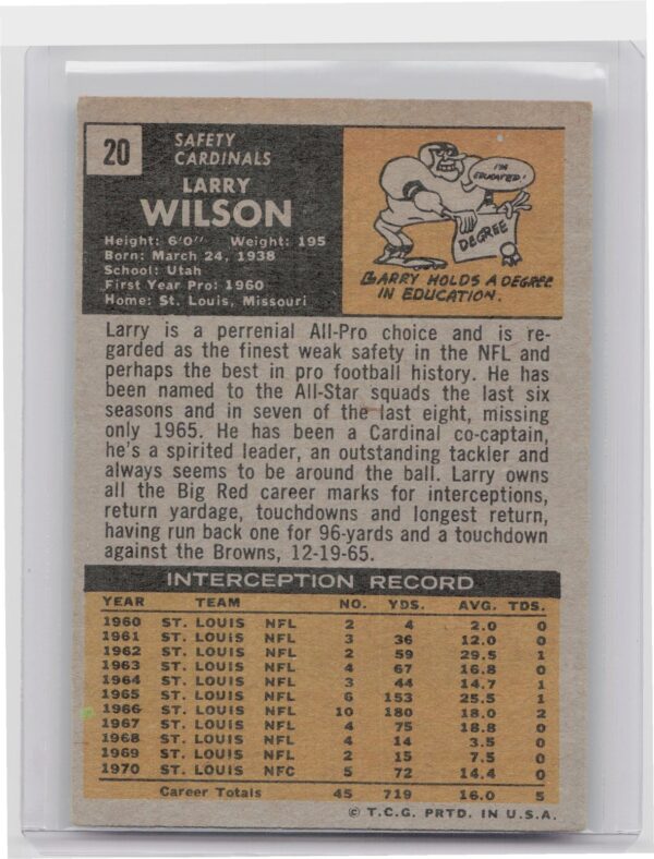 1971 Topps Larry Wilson #20 Cardinals - Image 3