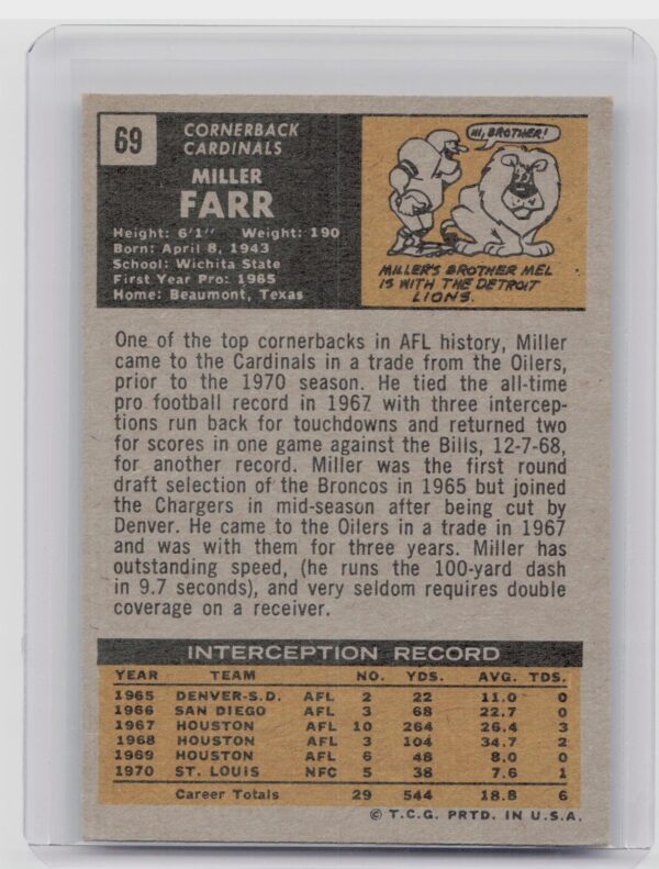 1971 Topps Miller Farr #69 Cardinals - Image 3