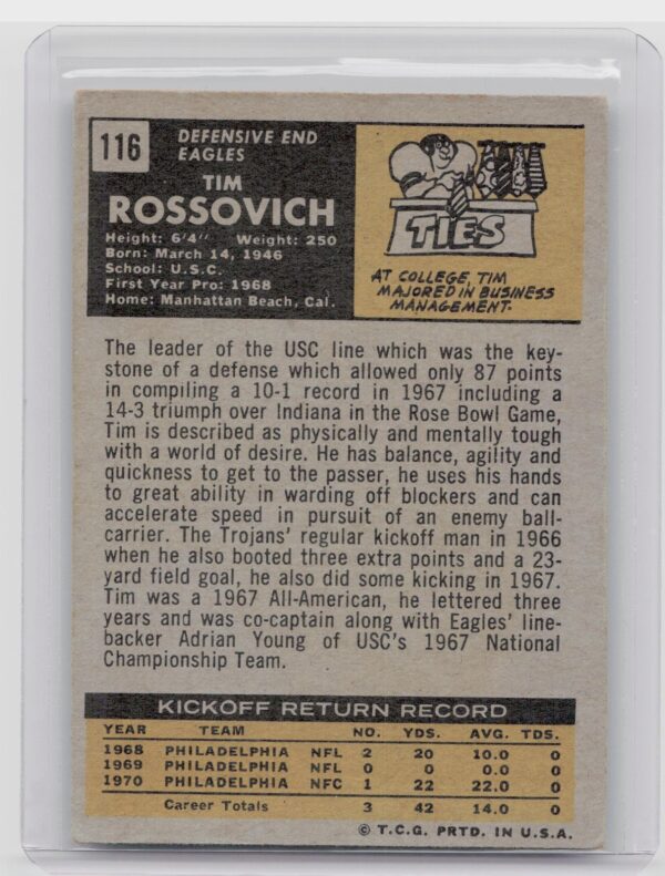 1971 Topps Tim Rossovich #116 Eagles - Image 3
