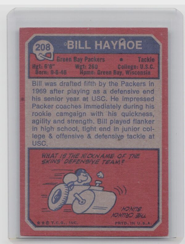 1973 Topps Bill Hayhoe RC #208 Packers - Image 3