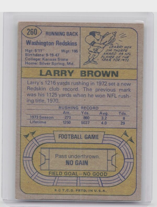 1974 Topps Larry Brown #260 Redskins - Image 3