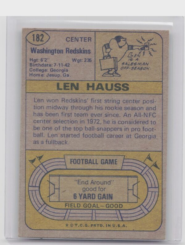 1974 Topps Len Hauss #182 Redskins - Image 3