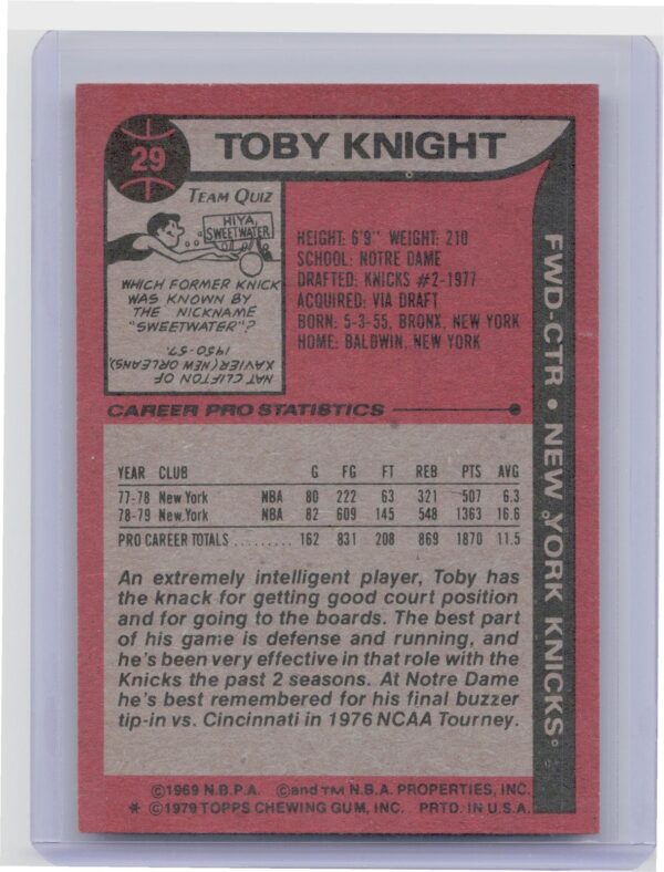 1979-80 Topps Toby Knight #29 Knicks - Image 3