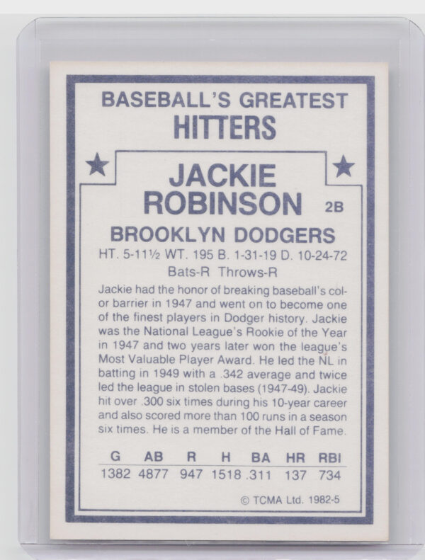 1982 TCMA Baseball's Greatest Hitters (White Back) Jackie Robinson #5 Dodgers - Image 3