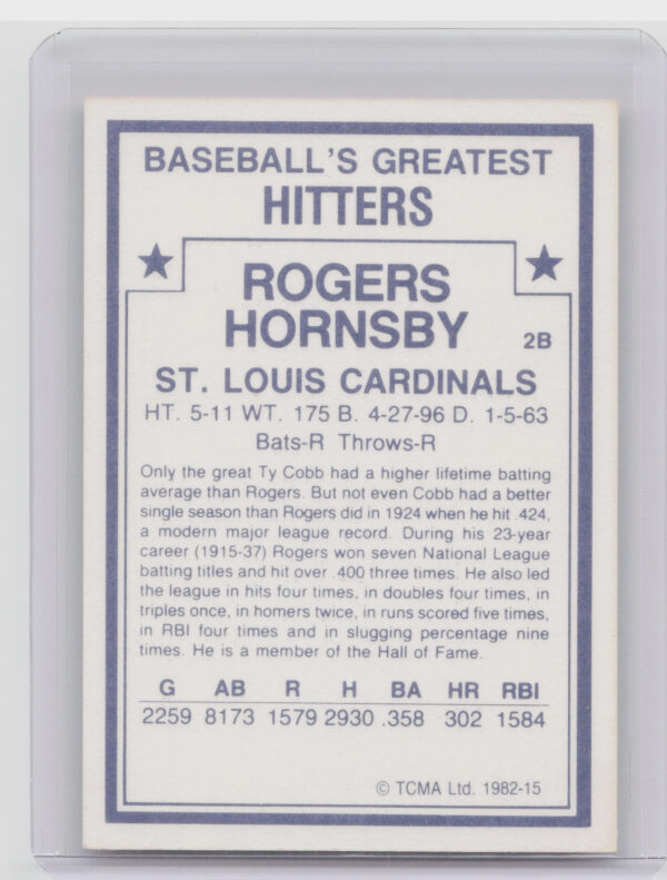 1982 TCMA Baseball's Greatest Hitters (White Back) Rogers Hornsby #15 Cardinals - Image 3