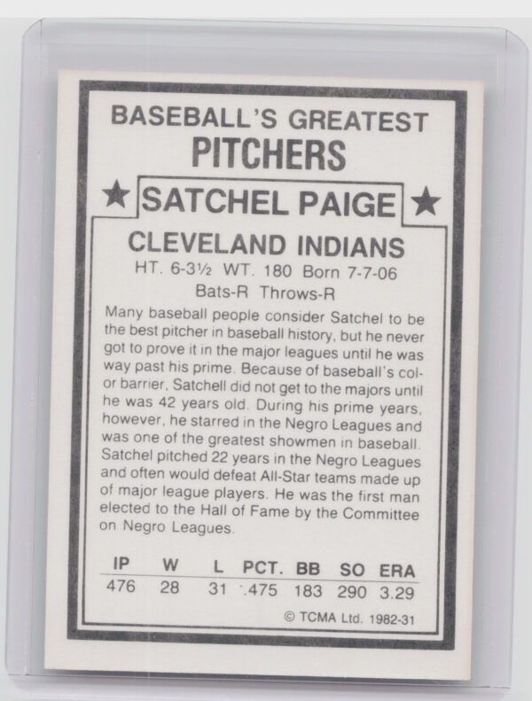 1982 TCMA Baseball's Greatest Pitchers (White Back) Satchel Paige #31 Indians - Image 3