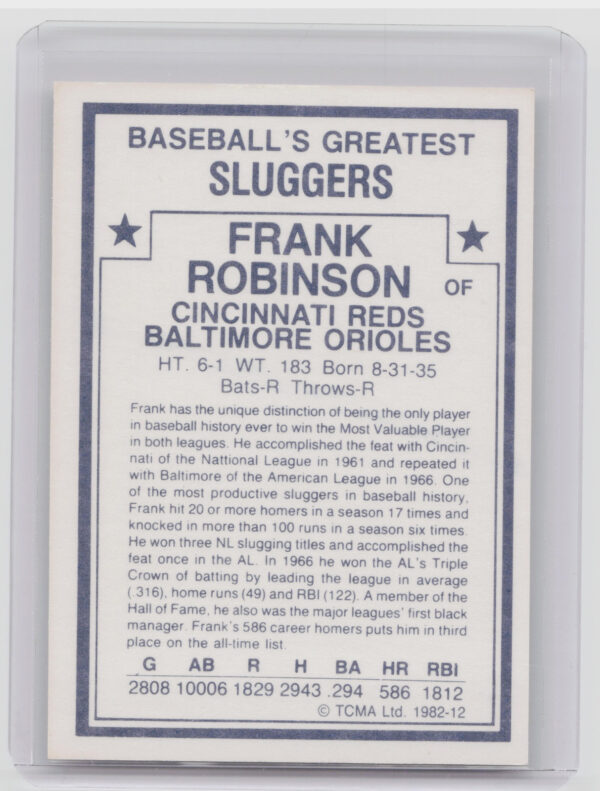 1982 TCMA Baseball's Greatest Sluggers (White Back) Frank Robinson #12 Reds - Image 3