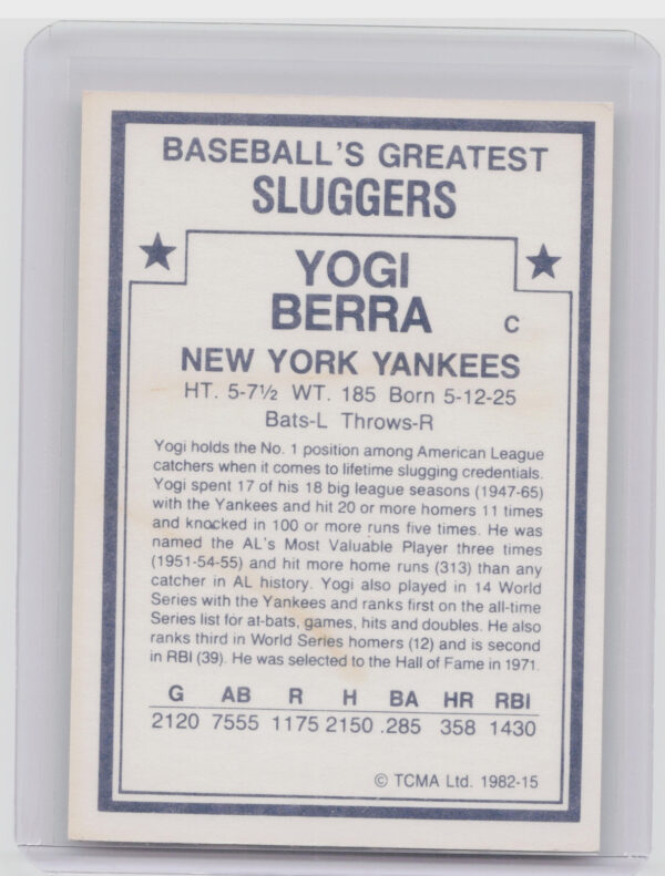 1982 TCMA Baseball's Greatest Sluggers (White Back) Yogi Berra #15 Yankees - Image 3
