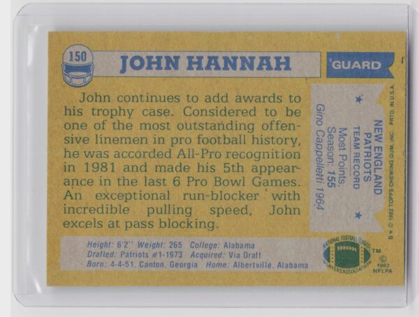 1982 Topps John Hannah #150 Patriots - Image 3