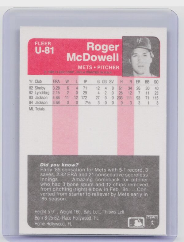 1985 Fleer Update Roger McDowell #U-81 Mets - Image 3