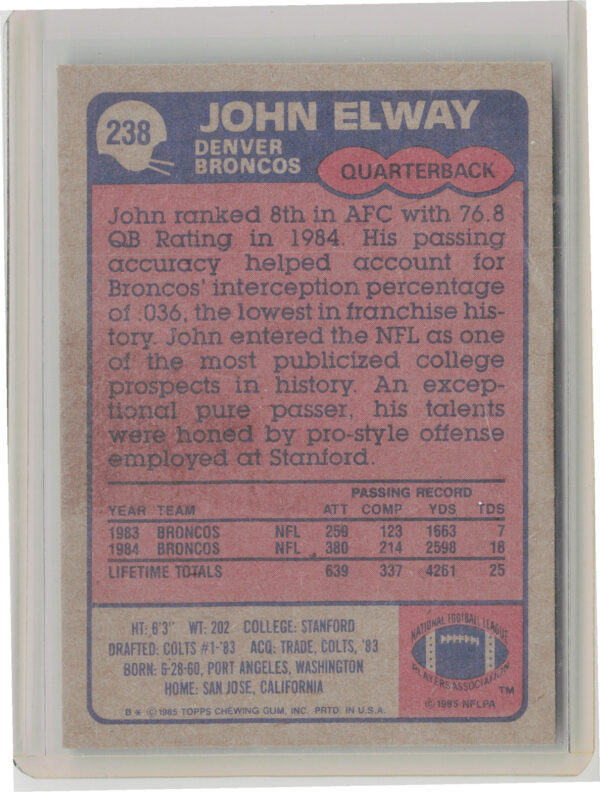 1985 Topps John Elway #238 Broncos - Image 3