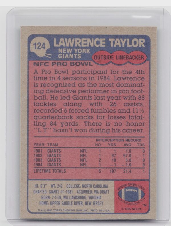 1985 Topps Lawrence Taylor #124 Giants - Image 3