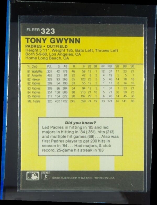 1986 Fleer Tony Gwynn #323 Padres - Image 3