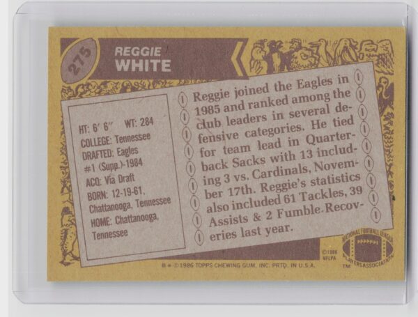 1986 Topps Reggie White RC #275 Eagles - Image 3