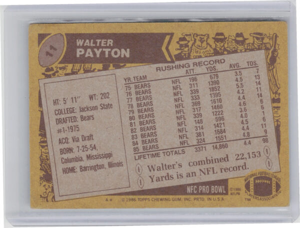 1986 Topps Walter Payton #11 Bears - Image 3