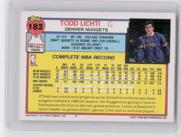 1992-93 Topps Todd Lichti Gold #182 Nuggets - Image 3