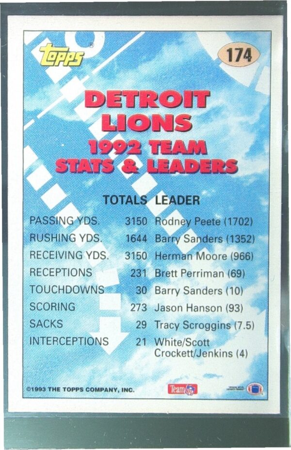 1993 Topps Barry Sanders #174 Lions - Image 3