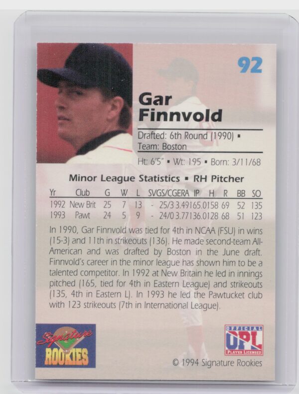 1994 Signature Rookies Draft Picks Gar Finnvold AU SN7750 #92 Sox Signatures - Image 3
