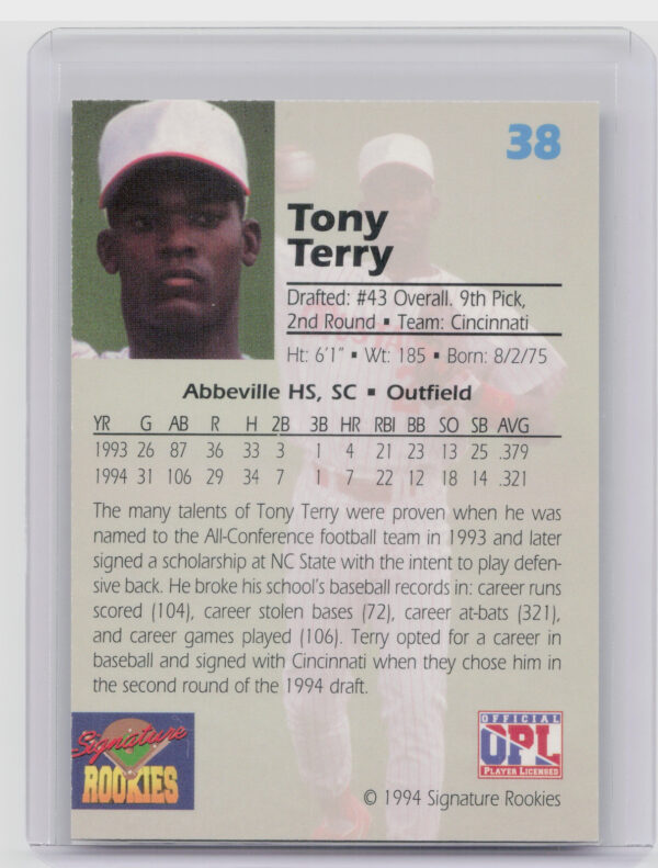 1994 Signature Rookies Draft Picks Tony Terry AU SN7750 #38 Reds Signatures - Image 3