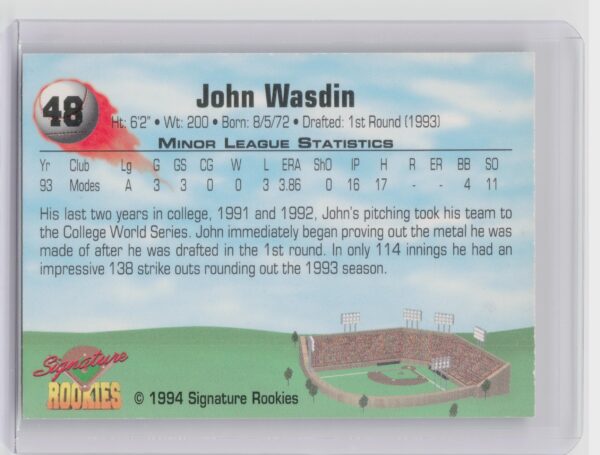 1994 Signature Rookies John Wasdin #48 A's Authentic Signatures - Image 3