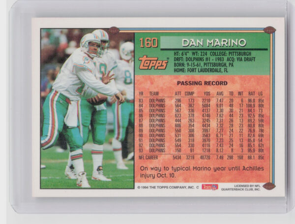 1994 Topps Dan Marino #160 Dolphins - Image 3