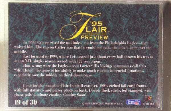 1995 Fleer Cris Carter #19 Vikings Flair Preview - Image 3