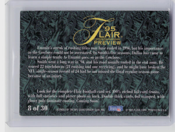 1995 Fleer Emmitt Smith #8 Cowboys Flair Preview - Image 3