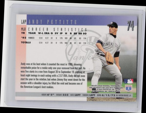 1996 Donruss Andy Pettitte #74 Yankees - Image 3