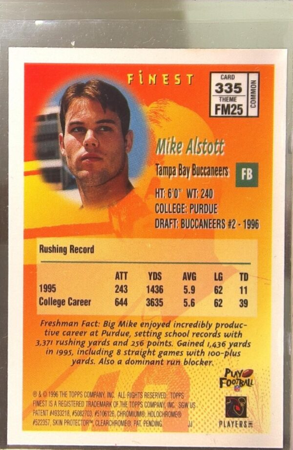 1996 Finest Mike Alstott RC #335 Buccaneers - Image 3