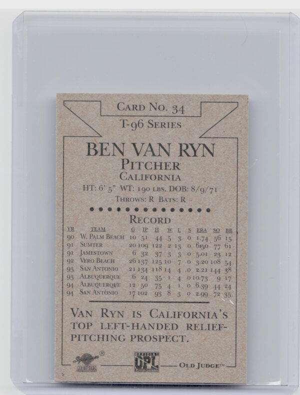 1996 Signature Rookies Old Judge Ben Van Ryn AU SN6000 #34 Dukes Signatures - Image 3