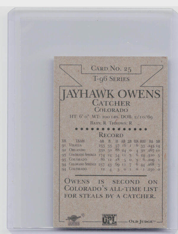 1996 Signature Rookies Old Judge Jayhawk Owens AU SN6000 #25 Sox Signatures - Image 3