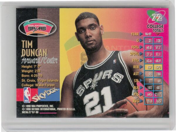 1997-98 Metal Universe Championship Tim Duncan RC #72 Spurs - Image 3