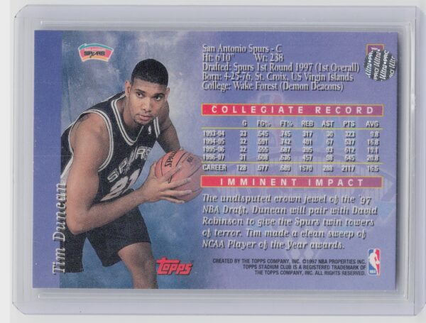 1997-98 Stadium Club Tim Duncan #201 Spurs - Image 3