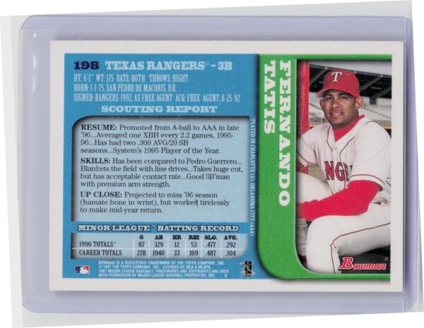 1997 Bowman Fernando Tatis RC #198 Rangers - Image 3