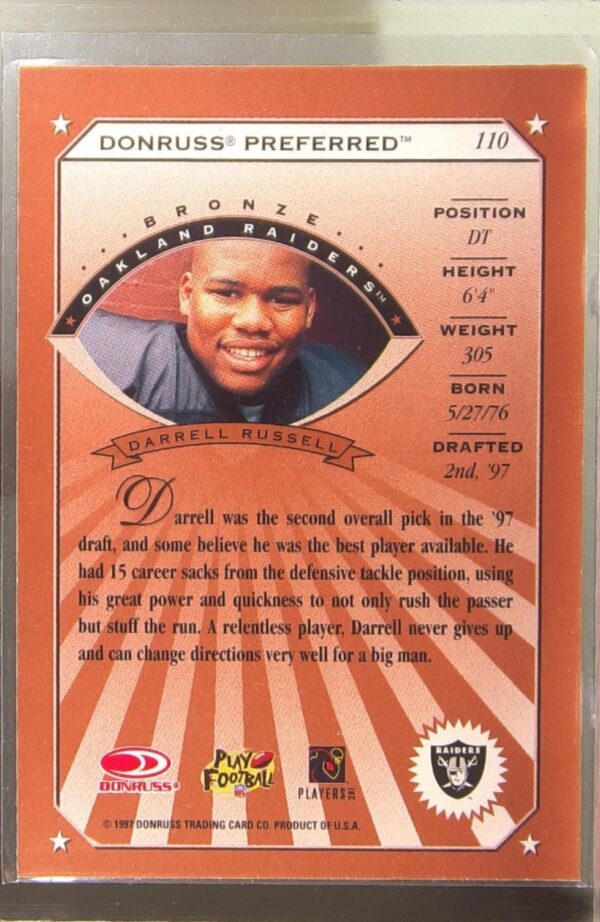 1997 Donruss Preferred Darrell Russell RC #110 Raiders - Image 3