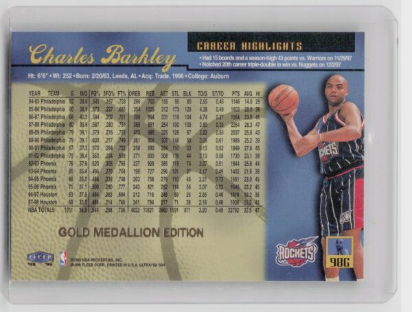 1998-99 Ultra Charles Barkley Gold Medallion #98P Rockets - Image 3