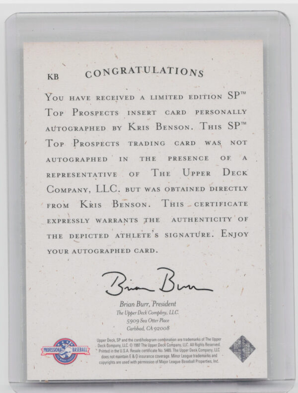 1998 SP Top Prospects Kris Benson AU #KB Mudcats Autographs - Image 3