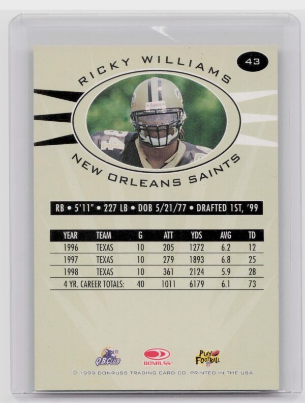 1999 Donruss Preferred QBC Ricky Williams RC #43 Saints - Image 3
