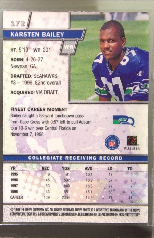 1999 Finest Karsten Bailey RC #172 Seahawks - Image 3