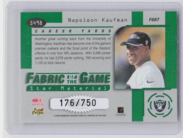 1999 Leaf Certified Napoleon Kaufman /750 #FG67 Raiders Fabric of the Game - Image 3
