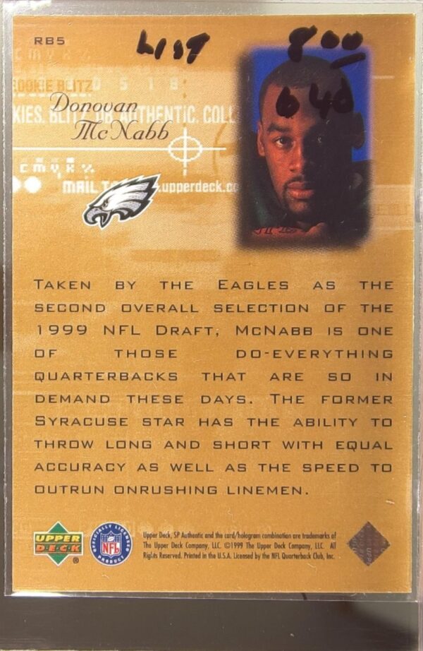 1999 SP Authentic Donovan McNabb RC #RB5 Eagles Rookie Blitz - Image 3