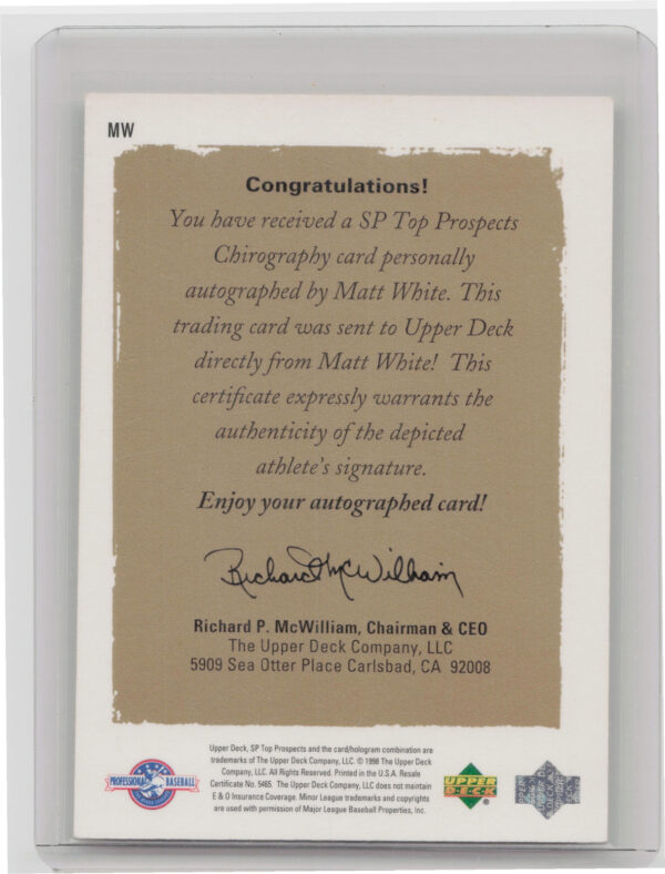 1999 SP Top Prospects Matt White AU #MW RiverDogs Chirography - Image 3