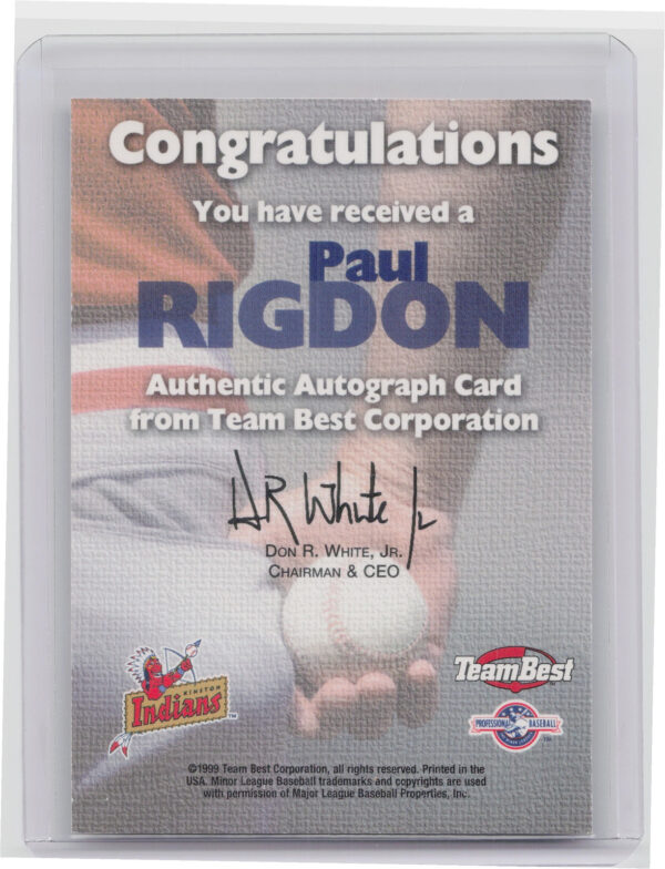 1999 Team Best Rookie Paul Rigdon AU #NNO Indians Autographs - Image 3