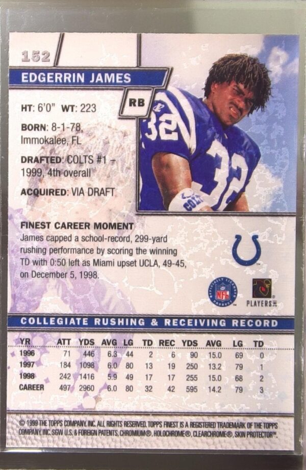 1999 Topps Finest Edgerrin James RC #152 Colts - Image 3